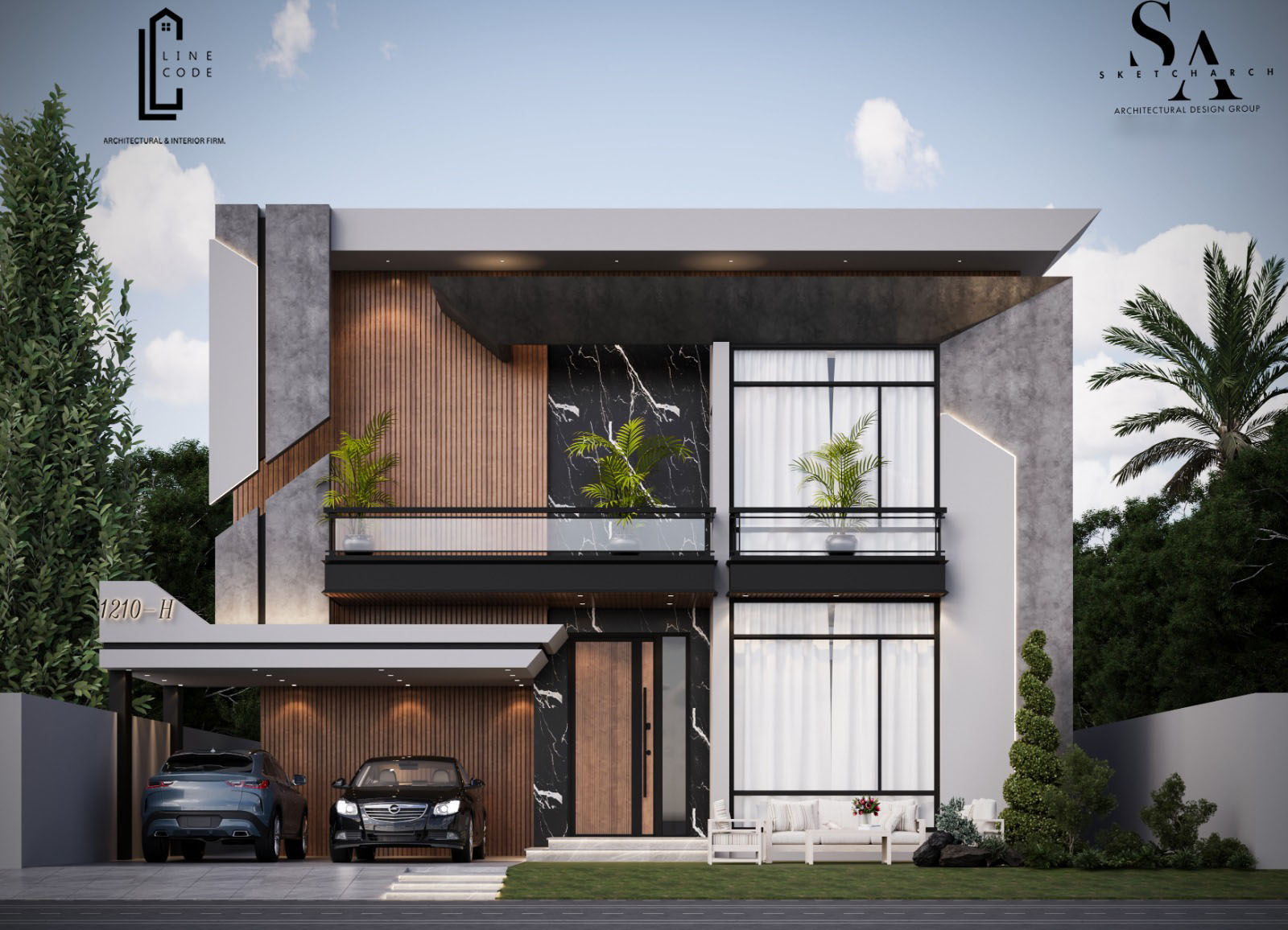 Modern marble façade with timber battens and glass balconies