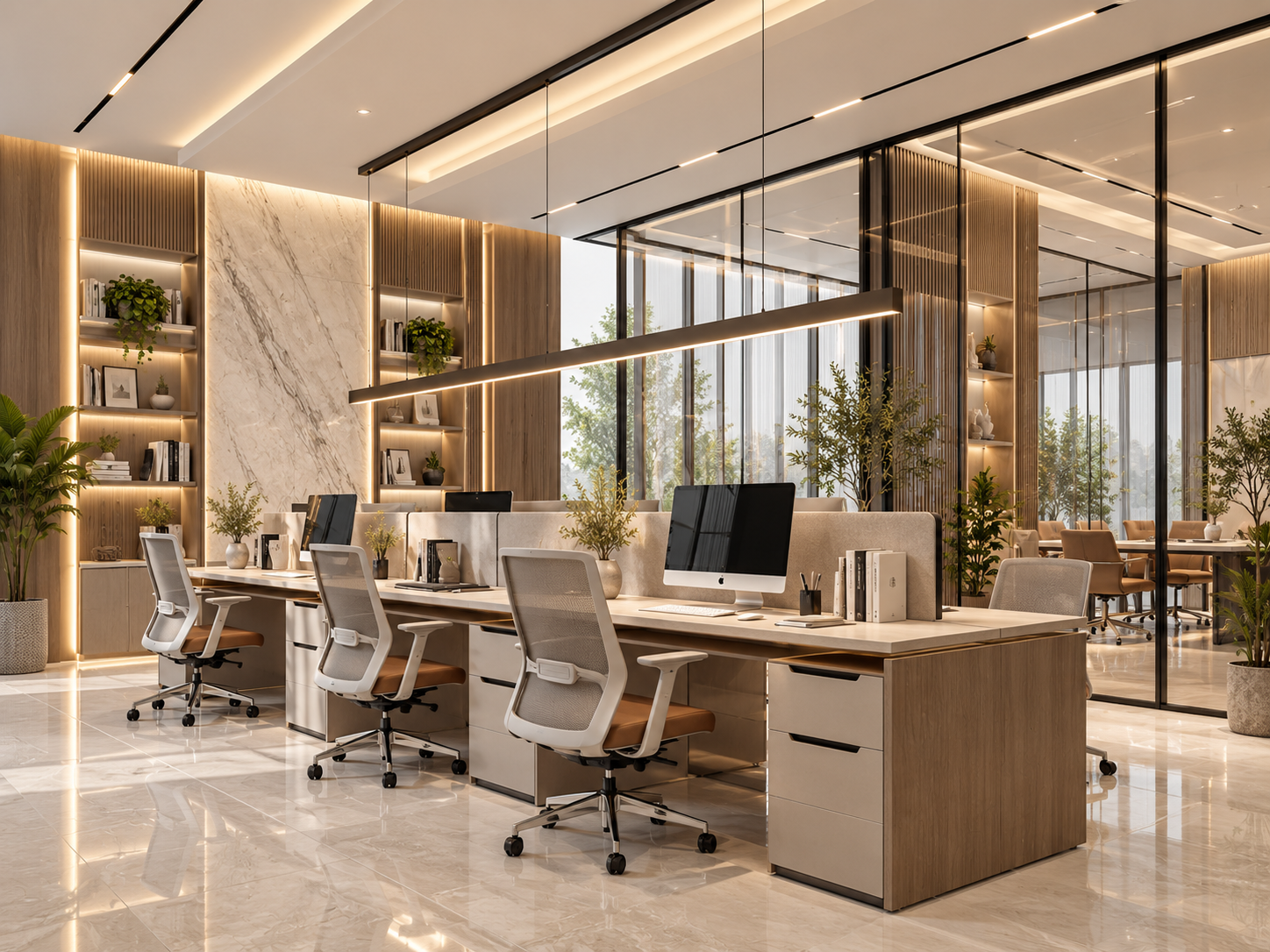 Modern workstation area concept with ergonomic chairs and glass partitions — view 1