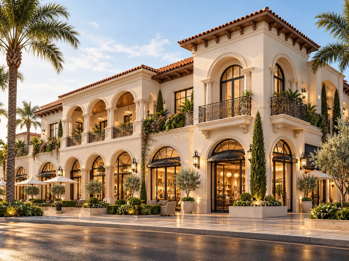 Spanish-inspired commercial building concept with arches and tiled roofs — view 1