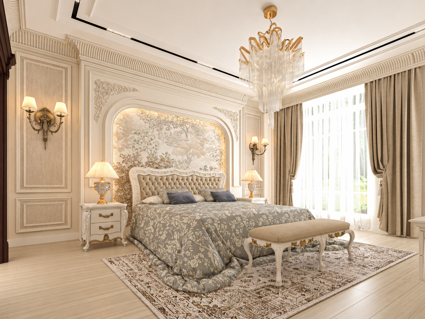 Classical master bedroom visualization with ornamental mouldings